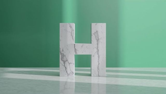 White marble letter h in minimalist green interior