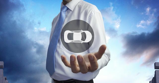 Businessman in white shirt and blue tie holding a virtual car icon against a backdrop of sky and clouds. Ideal for use in technology, automotive, and business-related content, emphasizing innovation and future transportation concepts.