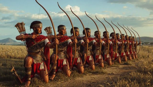 Kneeling Line of Ancient Archers Drawing Longbows in Red Cloaks on Golden Plain