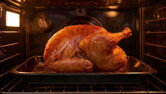 Golden roasted turkey browning in oven tray with dripping juices and crisp skin