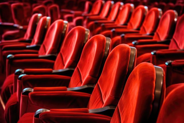 Rows of empty red seats fill a theater, awaiting an audience. Velvet upholstery adds a touch of elegance, hinting at a prestigious venue for performances or cinema.