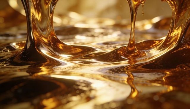 Pouring golden syrup dripping and pooling on glossy reflective surface macro closeup