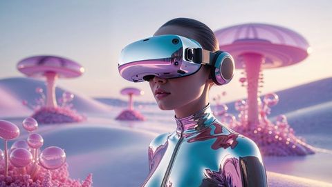 Futuristic Adventure: VR User Immersed in Alien Planet Landscape