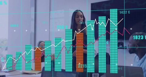 Businesswoman presenting financial data with transparent display