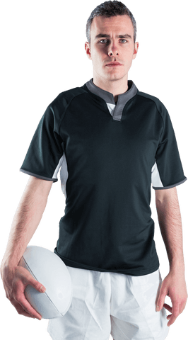 Rugby Player Holding Ball in Black Uniform Transparent Background