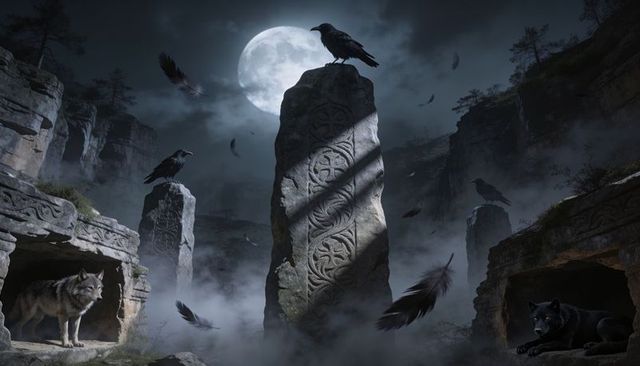 Moonlit rune-covered standing stone with ravens and wolves in misty canyon gorge at night