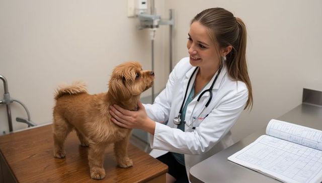 Veterinarian Examining Dog with Care in Clinic Setting