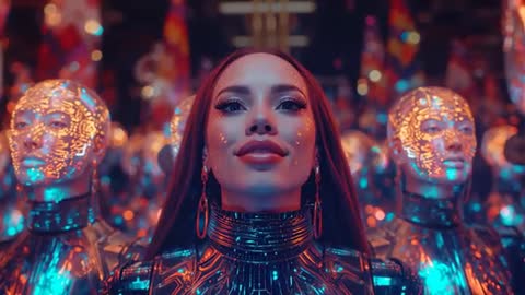 Smiling Woman with Androids Engaging with Futuristic Technology