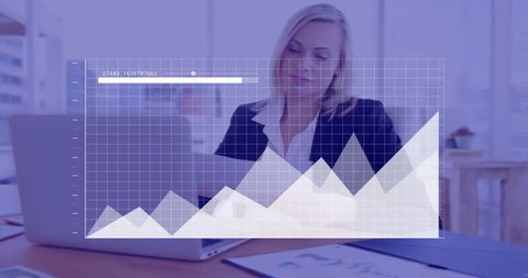 Businesswoman Analyzing Financial Growth with Digital Graphs