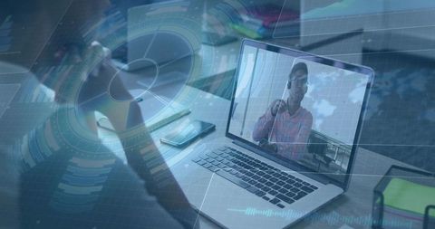 Virtual meeting host on laptop with holographic dashboard for remote teamwork