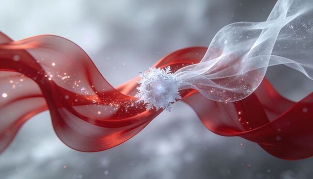 Red satin and sheer ribbon twirling around crystal snowflake with golden sparkle glow