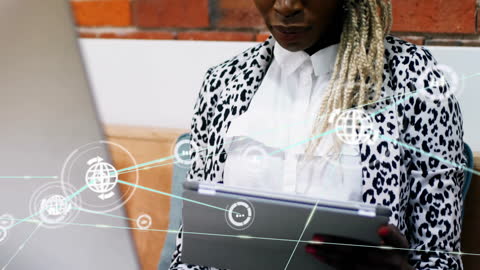 Digital Network Visualization with Professional Female in Office