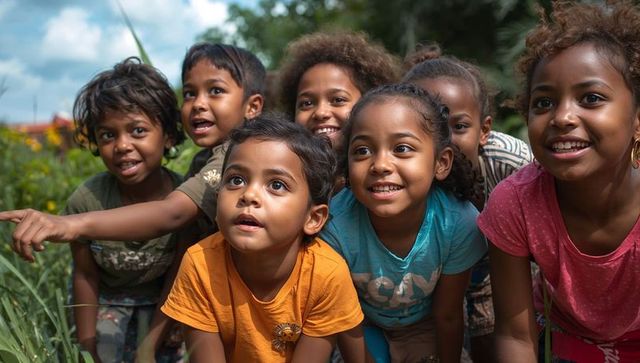 Curious children exploring outdoors together smiling and pointing in sunny meadow, joyful