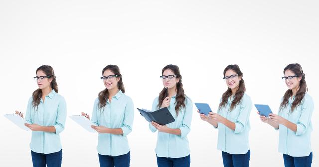 Digital composite of Multiple image of woman doing various activities