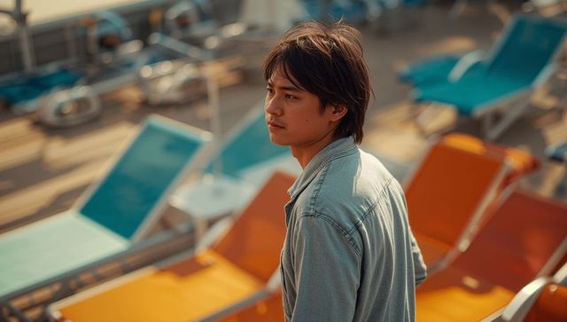 Contemplative young man standing on sunlit resort deck with teal and orange loungers