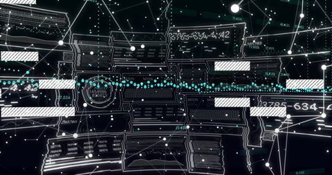 Futuristic Dark Cyber Network HUD with Floating Data Panels and Teal Node Stream
