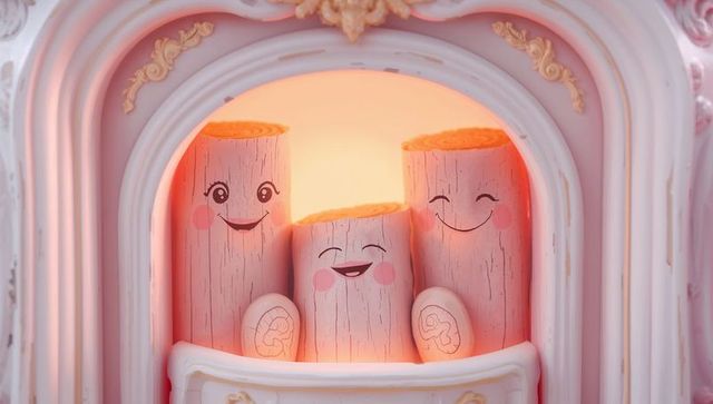 Whimsical smiling wooden-stump trio glowing in ornate pastel niche with gold floral decor