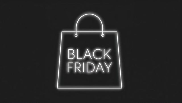 Neon black friday shopping bag sign glowing on dark textured background for sale campaigns