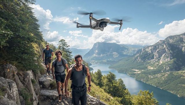 Friends hiking narrow mountain ridge while drone capturing panoramic alpine lake views