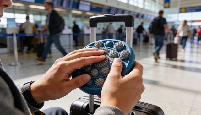 Traveler holding portable tactile massager on suitcase handle at busy airport terminal