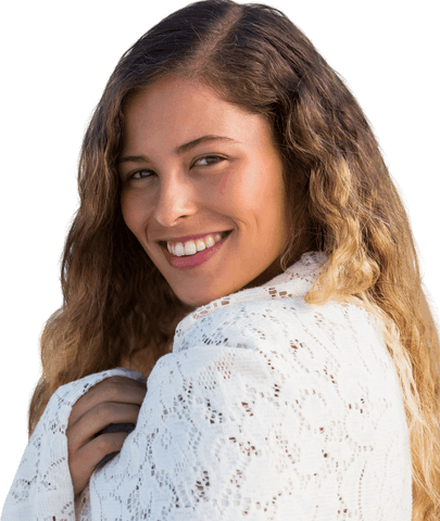 Smiling wavy haired woman on transparent background