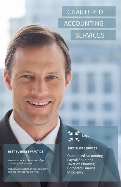 Ideal for promoting financial consulting and business advisory services. The professional male accountant is featured against a corporate backdrop, portraying trust and expertise. This template is suitable for accounting firms, financial advisors, and business consultants to highlight their specialist services, including outsourced accounting, payroll solutions, taxation planning, corporate finance, and insolvency.