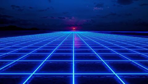 Neon grid horizon at dusk with reflective retro futuristic tiles and vanishing point