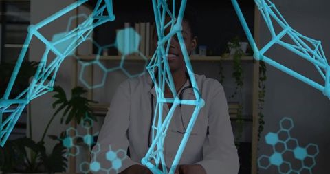 Doctor Exploring Futuristic Holograms in Medical Office