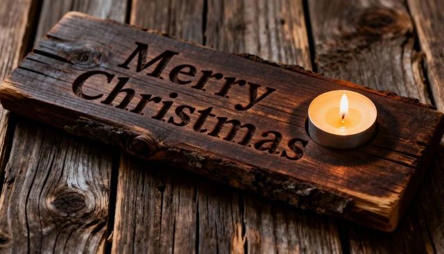 Rustic wooden merry christmas sign carved on weathered plank with tealight candle glow