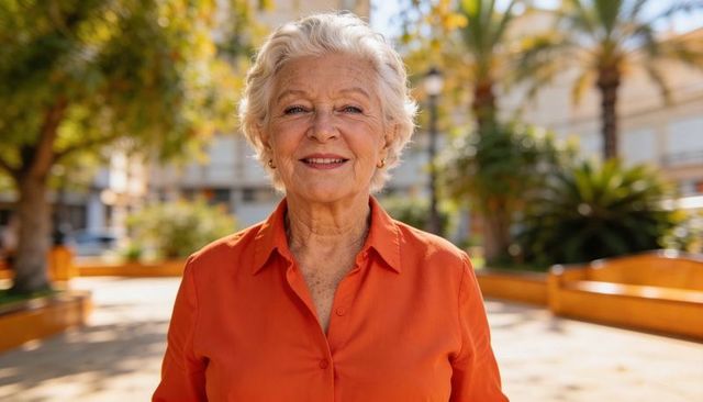 Smiling senior woman wearing orange blouse standing in sunlit urban plaza portrait