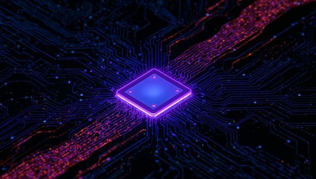 Pulsing Neon Microchip PCB With Glowing Traces and Nodes