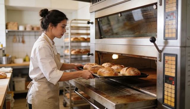 Baker removing tray of fresh artisan loaves from commercial oven in busy small-batch bakery
