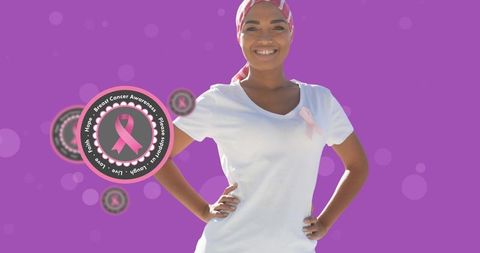 Smiling Woman Supporting Breast Cancer Awareness on Purple Background