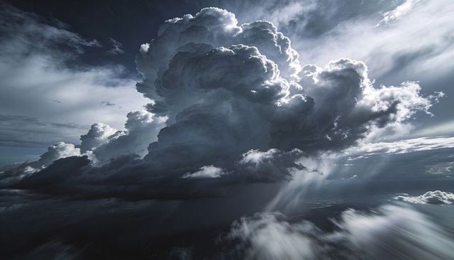 Towering backlit cumulonimbus cloud releasing rain shafts over stormy horizon with anvil top