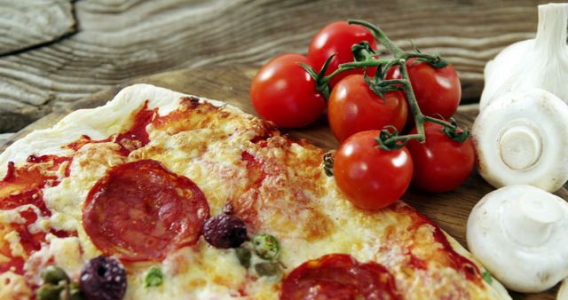 Delicious Pepperoni Pizza Slice with Fresh Tomatoes and Mushrooms on Wood - Download Free Stock Images Pikwizard.com