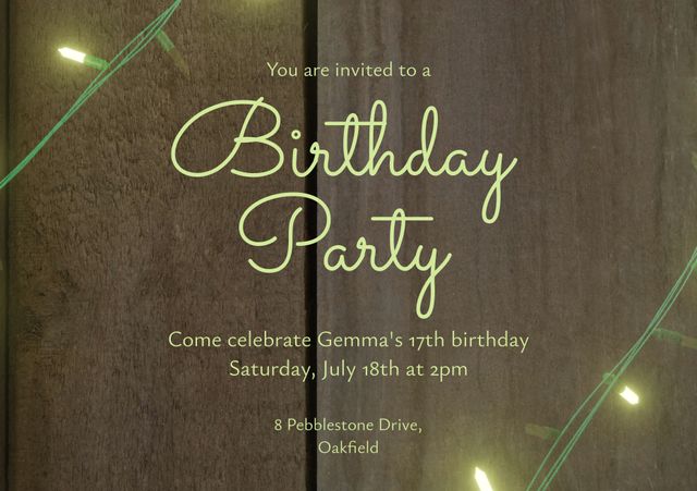 Elegant birthday party invitation showcasing soft green typography against a rustic wooden background adorned with glowing fairy lights. Ideal for inviting guests to a stylish and festive birthday celebration. Perfect for digital sharing or printed cards to set an inviting tone for parties and events.