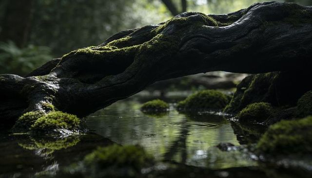 Moss covered fallen log arching over tranquil forest stream with rippling reflections