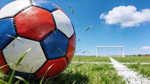 Close-up scuffed red white blue soccer ball on green grass aiming at distant goalpost