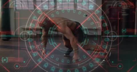 Male performing spider push-ups with holographic HUD overlay centering on torso for core training