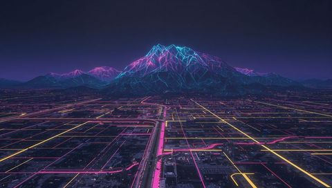 Glowing Wireframe Mountain Looming Over Futuristic Neon City Grid at Night