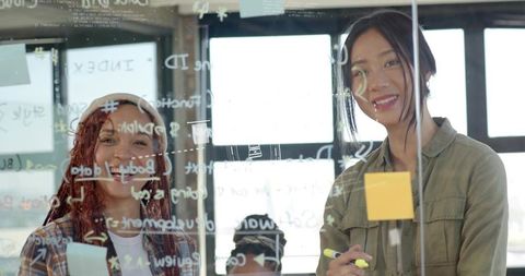 Smiling women collaborating on glass board drawing flowchart with sticky notes for brainstorming