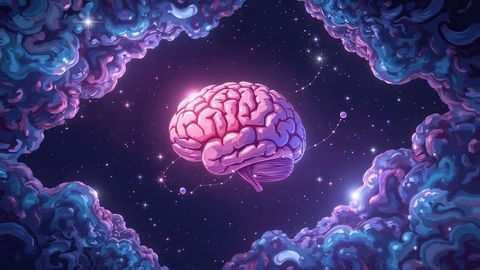 Floating Pink Brain with Orbital Spheres in Nebula Clouds