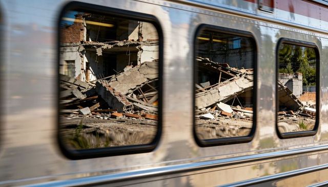 Commuter Train Reflecting Collapsed Concrete Rubble Through Carriage Windows