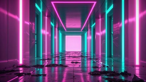 Futuristic Corridor with Neon Lights and Glowing Portal