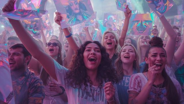 Excited Festival Audience Waving Colorful Posters under Vibrant Haze