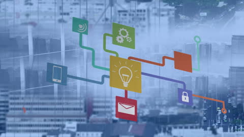 Digital Network of Technology Icons with Cityscape Background