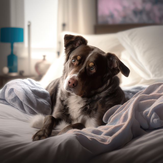 Portrait of cute white and brown dog on bed, created using generative ai technology. Animal, dog and pet concept digitally generated image.