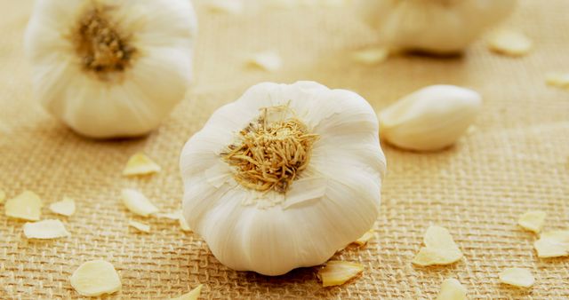 Whole garlic bulbs and cloves are arranged on a textured surface, with copy space. Garlic is widely used in culinary dishes around the world for its pungent flavor and health benefits.