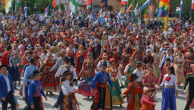 Vibrant cultural folk parade with traditional dance and music