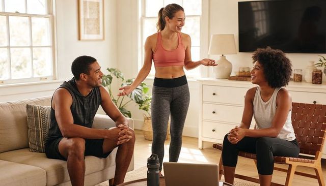 Friends chatting and smiling during home workout session in sunlit living room